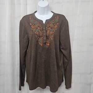 Croft & Barrow Henley Thermal Top Brown Embroidered Beaded Boho XL